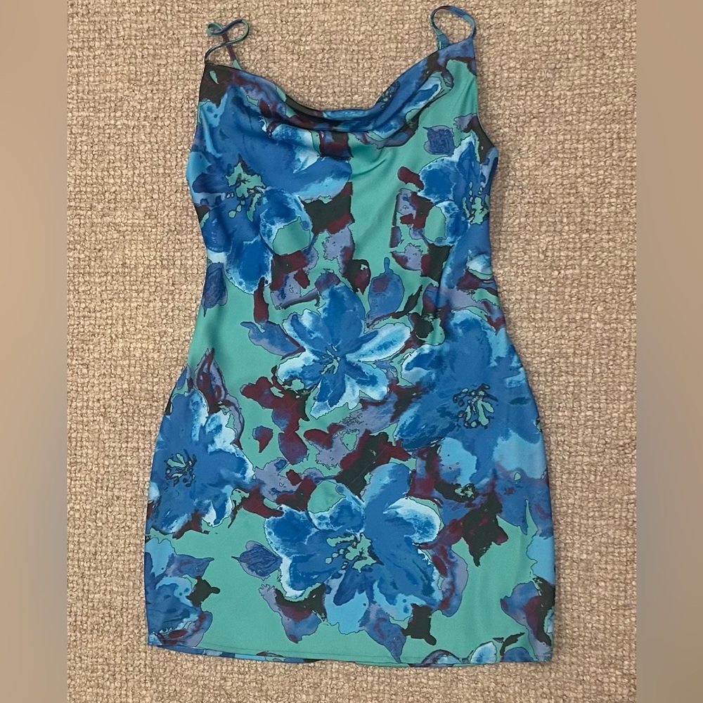 Urban Outfitters Blue and Green Floral Silk Mini Dress